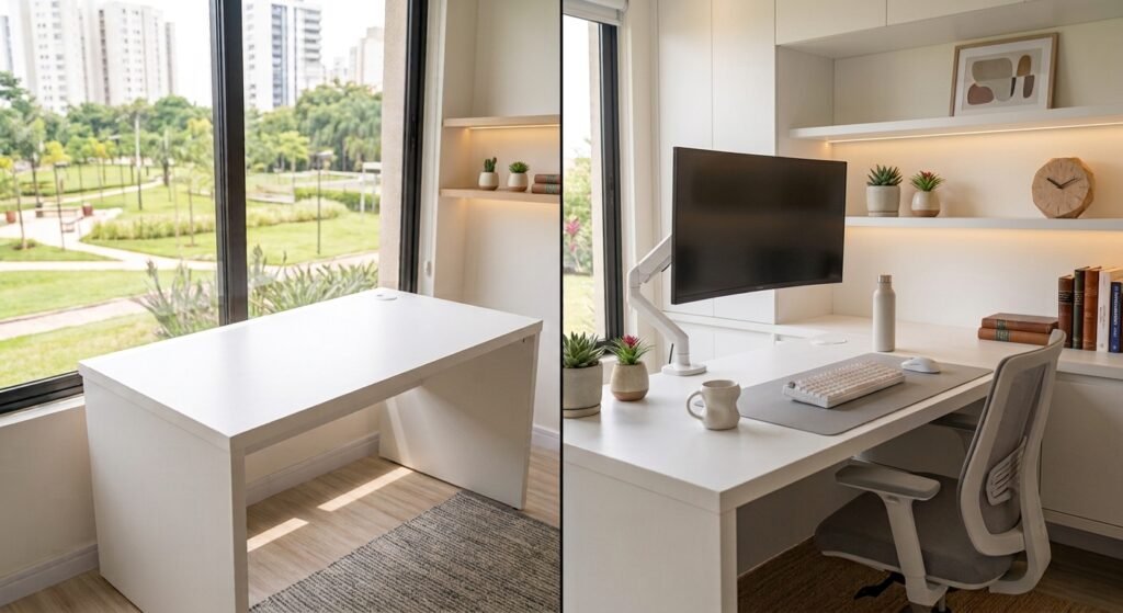 configuração do setup moderno e branco após a renovação exemplo de antes e depois: transformando um setup comum em um setup branco clean e funciona