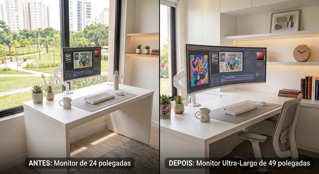 comparação de tamanho de monitores brancos em configuração de mesa monitor grande branco tela colorida temos exemplo de 7 dicas para escolher o monitor ideal para setup branco (2026)