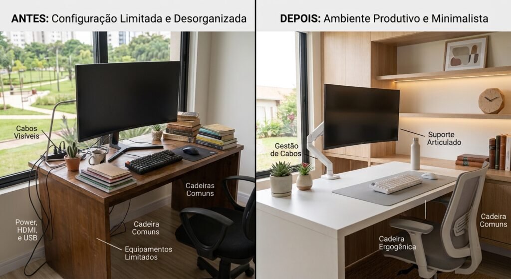 processo de transformação duas fases de um setup de mesa madeira escura para mesa branca antes e depois: transformando um setup comum em um setup branco clean e funcional