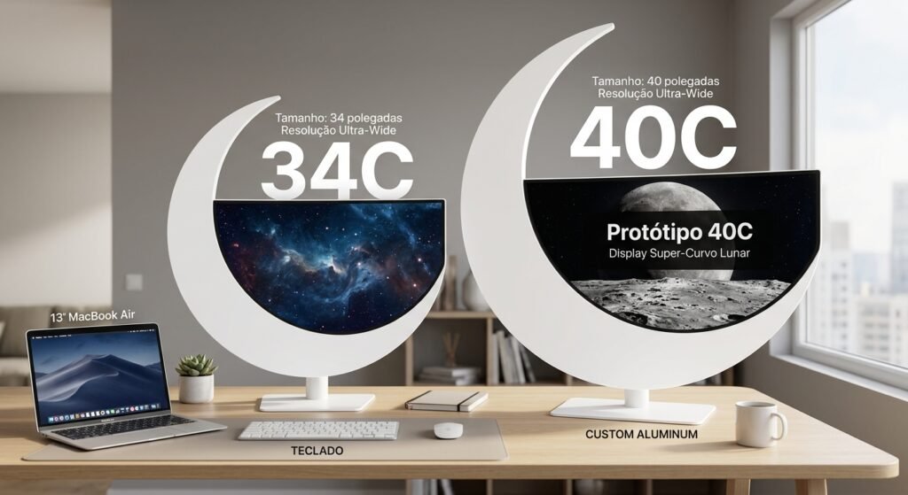 comparação de tamanho de monitores grandes 40c em formato de lua brancos em configuração de mesa temos como exemplo 7 dicas para escolher o monitor ideal para setup branco (2026)
