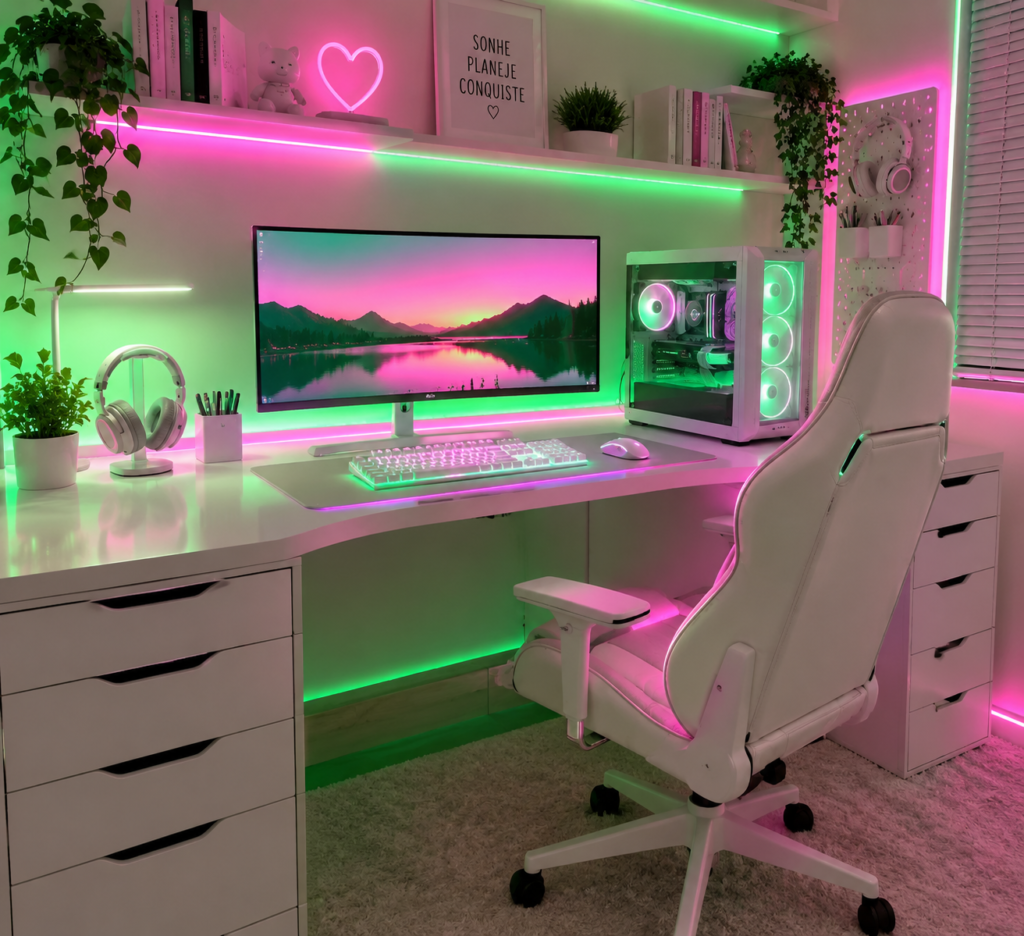 configuração de mesa branca com iluminação RGB neon verde e rosa no ambiente exemplo de como melhorar a iluminação do seu setup branco e deixar o ambiente mais bonito e funcional
