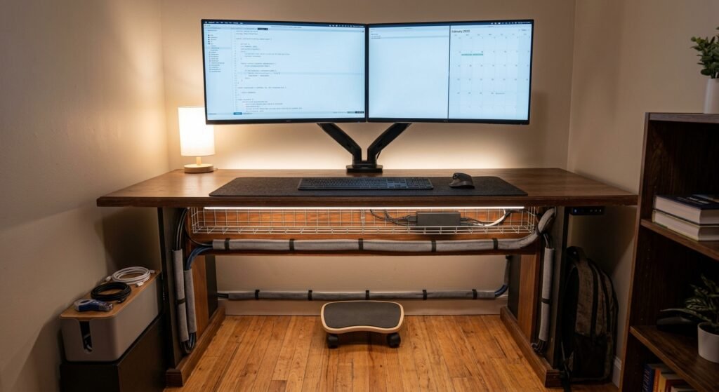 configuração limpa e minimalista após transformação na organização de cabos exemplo de transformação completa de um setup cheio de fios: 10 ideias para organizar cabos e melhorar o espaço