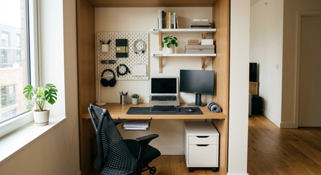 CRIAR EXATAMENTE O QUE É PEDIDO NO PROMPT REPETIR IMAGENS ANTERIORES: organização de home office compacto em escala
