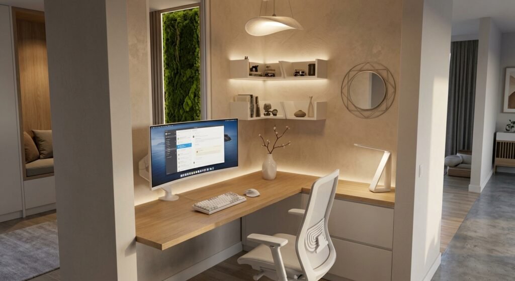 configuração de mesa de trabalho minimalista um espaço pequeno dentro da casa exemplo de setup minimalista com escrivaninha inteligente: como organizar e otimizar o espaço