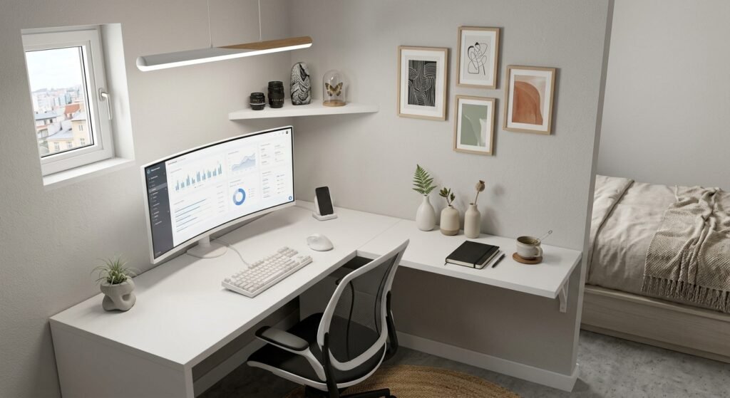 dentro do quarto pequeno espaço de trabalho home office minimalista exemplo de como montar seu setup minimalista com escrivaninha inteligente: como organizar e otimizar o espaço