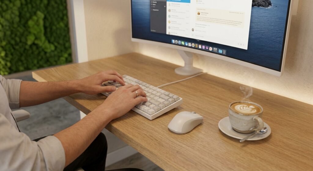 organização de espaço de trabalho mesa limpa  pessoa digitando um pequeno teclado sem fio xícara de café, luz do sol limpo exemplo de como manter seu setup minimalista com escrivaninha inteligente: como organizar e otimizar o espaço