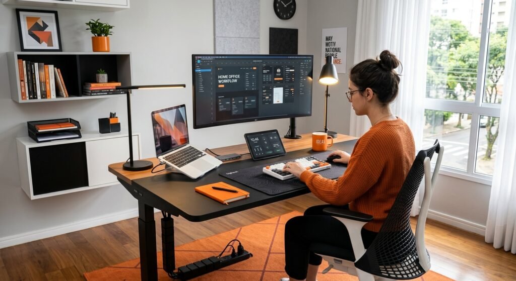 organização de home office com mesa inteligente moderna em tons de laranja preto e branco conheça um guia completo: como escolher a escrivaninha inteligente ideal em 7 passos