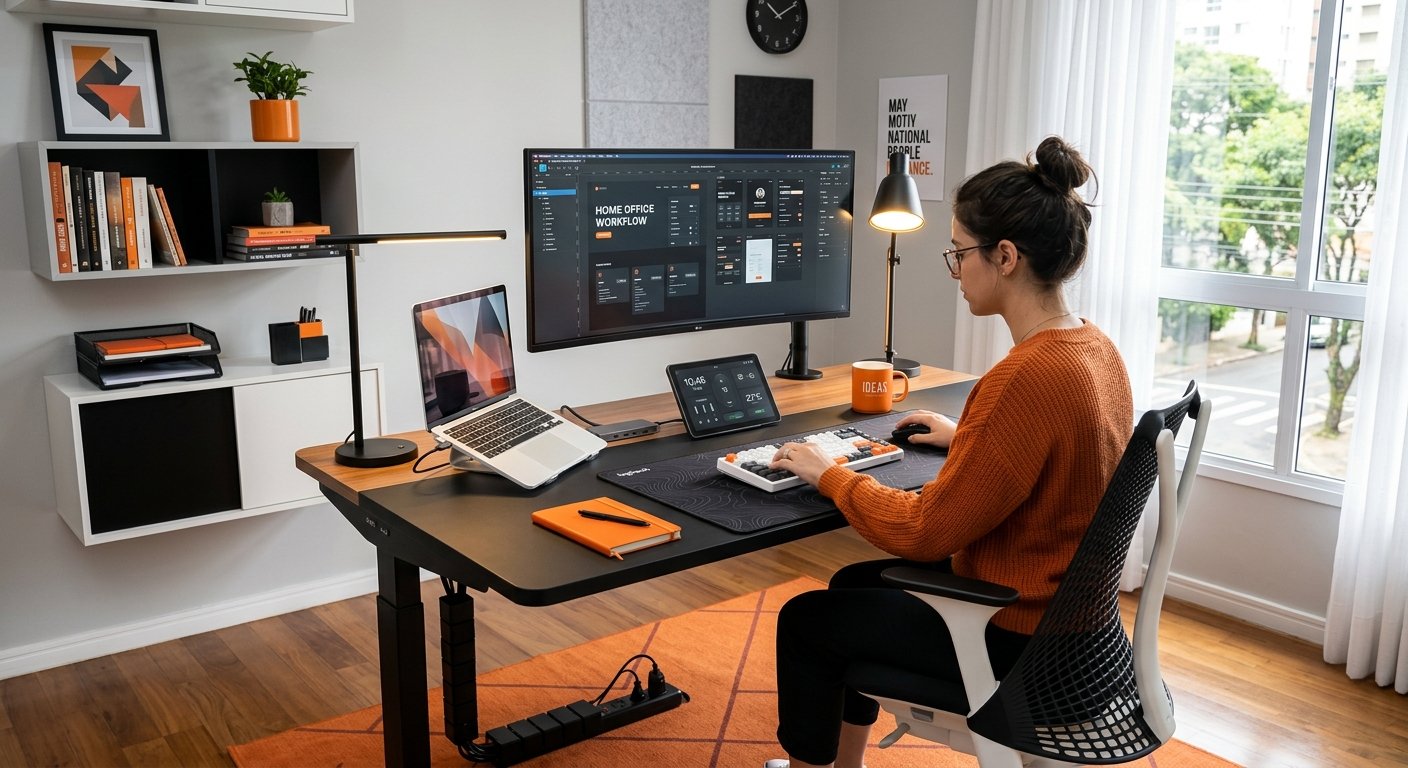 organização de home office com mesa inteligente moderna em tons de laranja preto e branco conheça um guia completo: como escolher a escrivaninha inteligente ideal em 7 passos