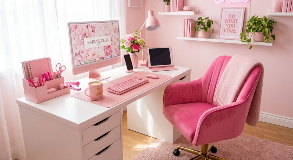 mesa branca com todos acessórios rosa inclusive cadeira principal exemplo de como melhorar a iluminação do seu setup branco e deixar o ambiente mais bonito e funcional