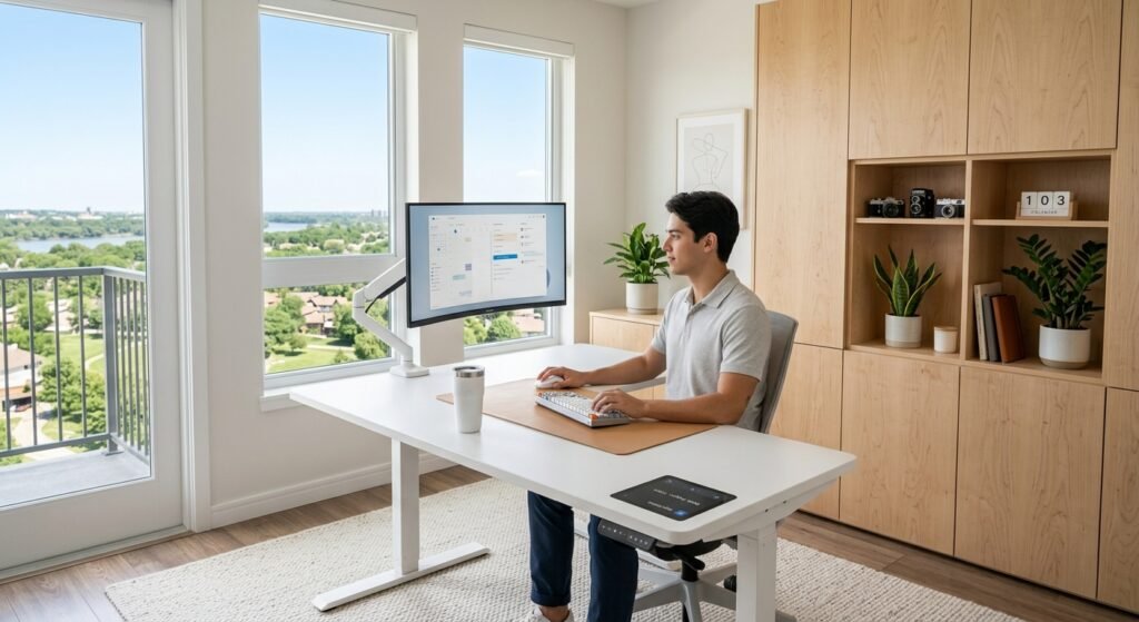 home office branco e armário em madeira clara minimalista mesa inteligente espaço de trabalho organizado guia completo: como escolher a escrivaninha inteligente ideal em 7 passos