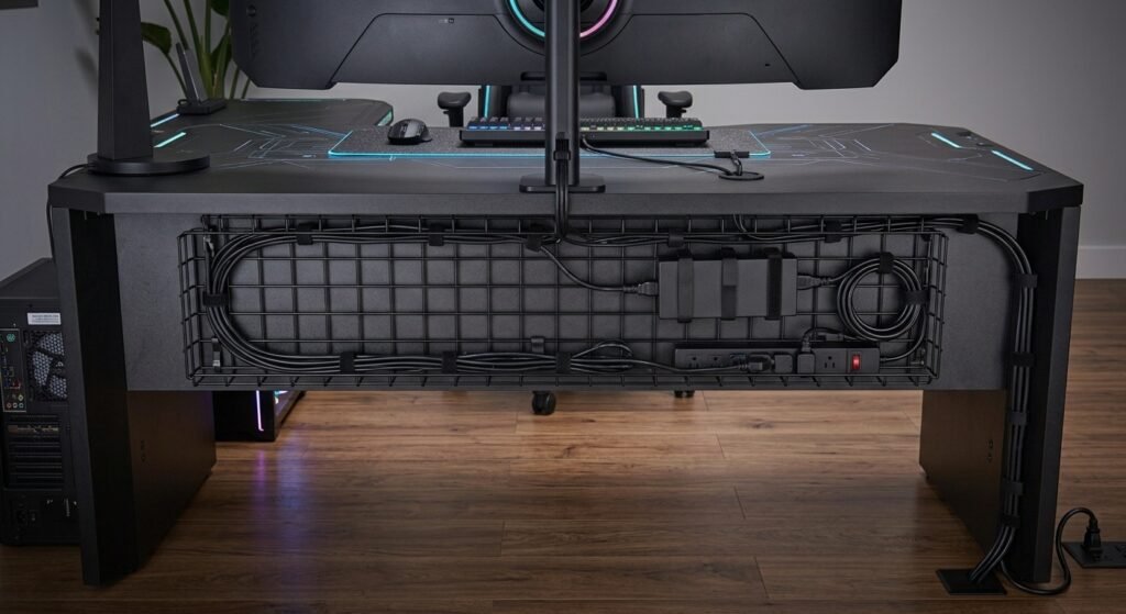 organização de cabos em setup gamer utilizando bandeja sob a mesa. exemplo de como organizar cabos de gamer e evitar bagunça na mesa: 7 passos para otimizar o setup