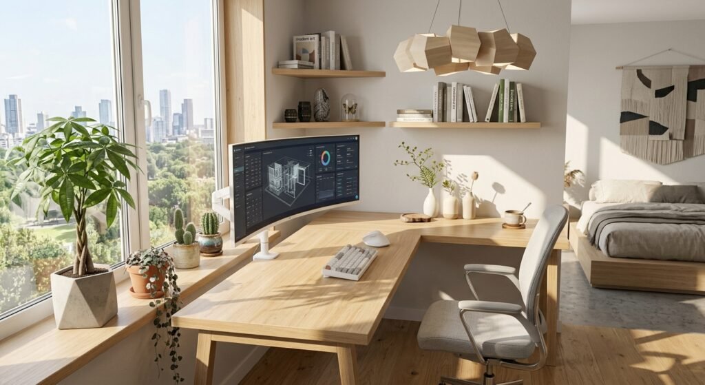 espaço de trabalho em casa organizado moderno madeiras claras luz do sol planta decorando na janela sempre organize seu local de trabalho em casa: como escolher uma escrivaninha inteligente para home office exemplar e produtivo