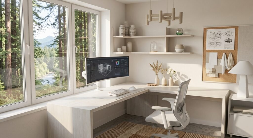 configuração de home office minimalista moderno mesa pequena em tons de bege e branco xícara de café um bom exemplo para que você organize seu local de trabalho em casa: escrivaninha inteligente para home office
