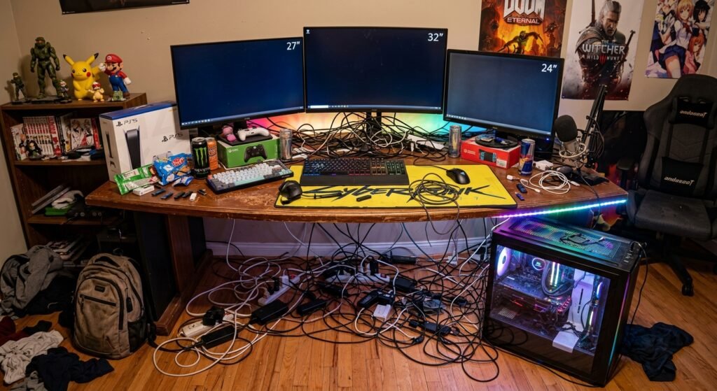 configuração de jogos bagunçada cabos em desordem antes da organização de cabos exemplo de transformação completa de um setup cheio de fios: 10 ideias para organizar cabos e melhorar o espaço
