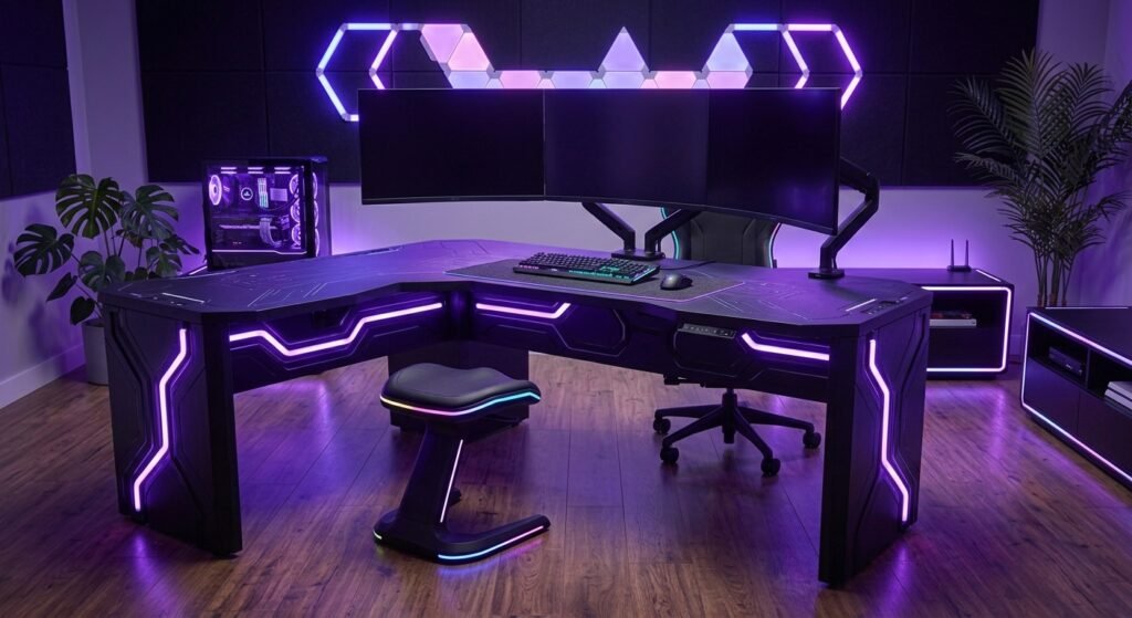 configuração de jogos profissional cabos ocultos mesa RGB neon em vários tons de roxo exemplo de como organizar cabos de gamer e evitar bagunça na mesa: 7 passos para otimizar o setup