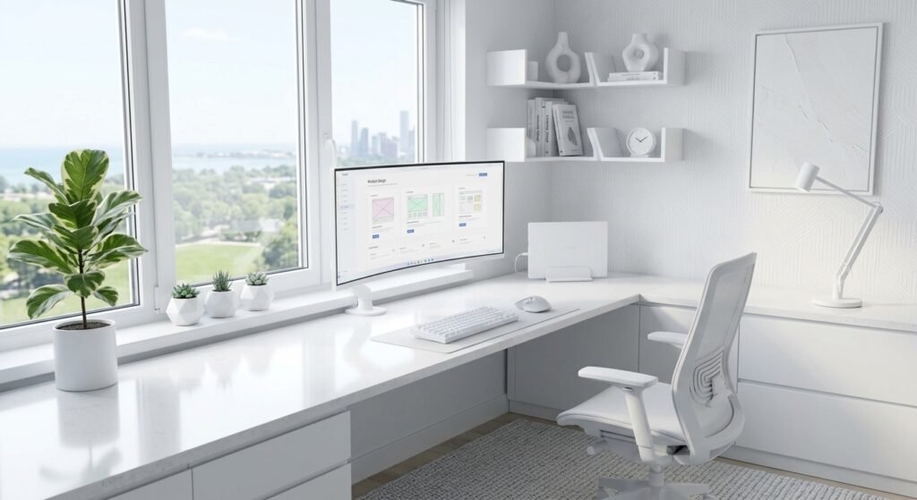 inspiração de espaço de trabalho moderno e branco exemplo de como montar os melhores acessórios para setup branco: guia completo