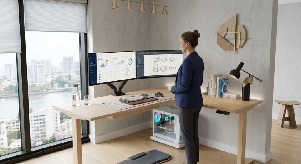 mesa madeira clara ergonômica para trabalhar em pé e escritório minimalista em casa exemplo de como vale a pena ter uma mesa com regulagem de altura? 7 motivos para investir no home office