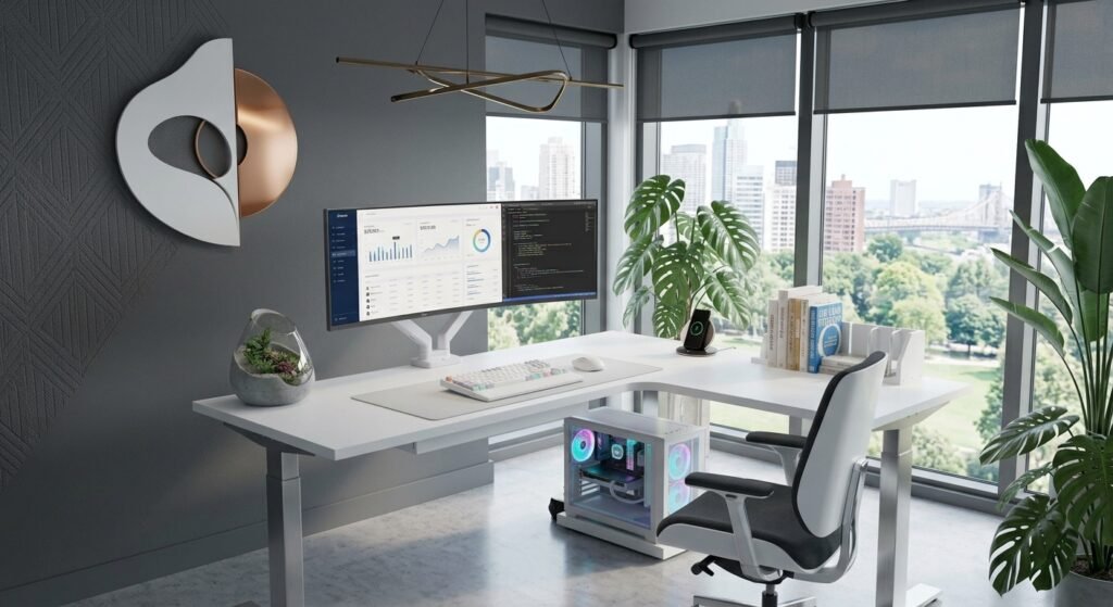 mesa de home office branca com estética moderna exemplo de como montar os melhores acessórios para setup branco: guia completo