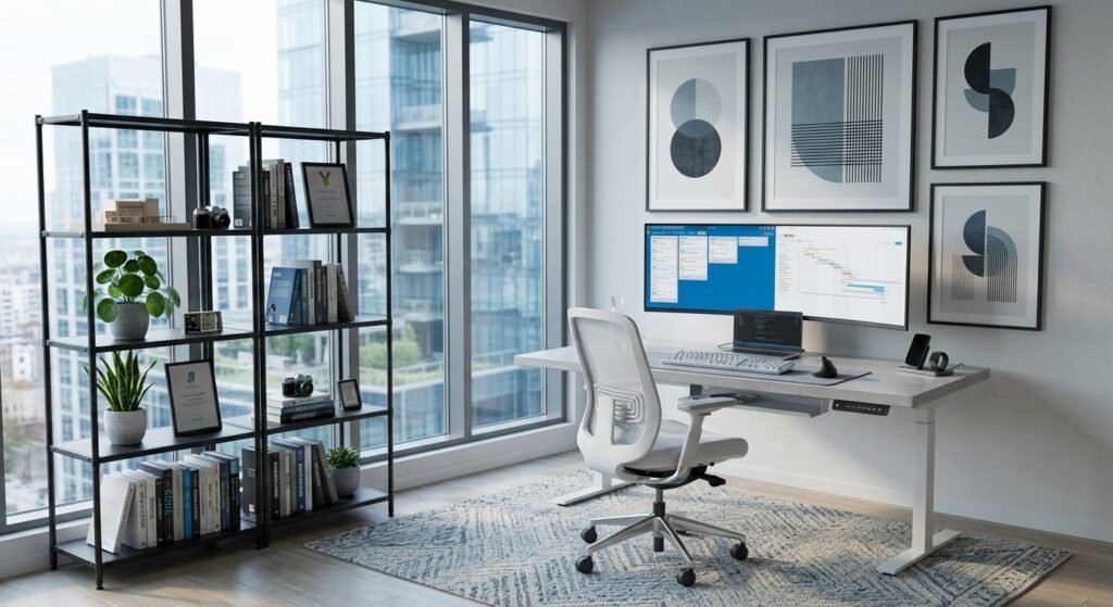 decoração de home office grande com estante de metal preto ao lado da mesa de madeira com cadeira branca quadros plantas e tapete exemplo de itens que aumentam sua produtividade na mesa: 10 opções essenciais de organização do setup para home office