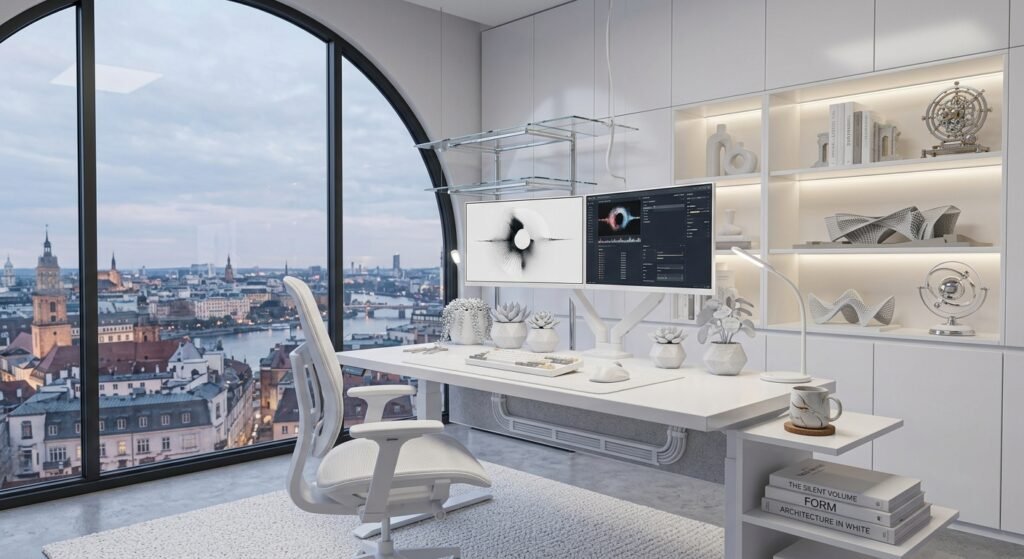 home office decorado branco setup estético organizado exemplo de como montar sua escrivaninha inteligente: como organizar e otimizar seu espaço de trabalho