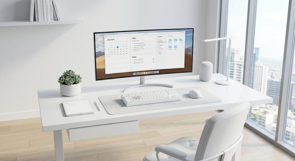 configuração branca perfeitamente organizada e espaço de trabalho limpo exemplo de como manter seu setup branco sempre limpo: 7 dicas práticas de limpeza e cuidados