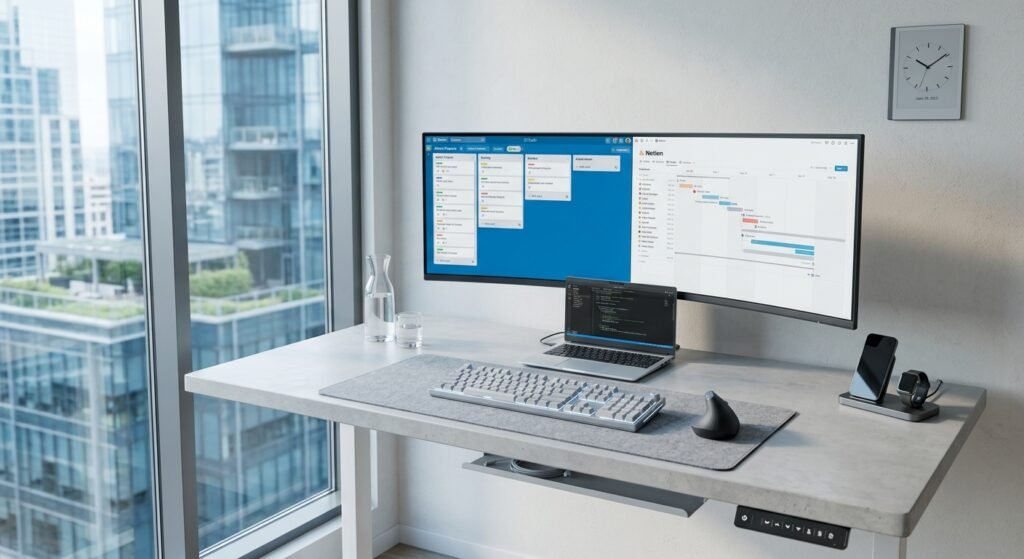 mesa de home office moderna e produtiva exemplo de itens que aumentam sua produtividade na mesa: 10 opções essenciais de organização do setup para home office