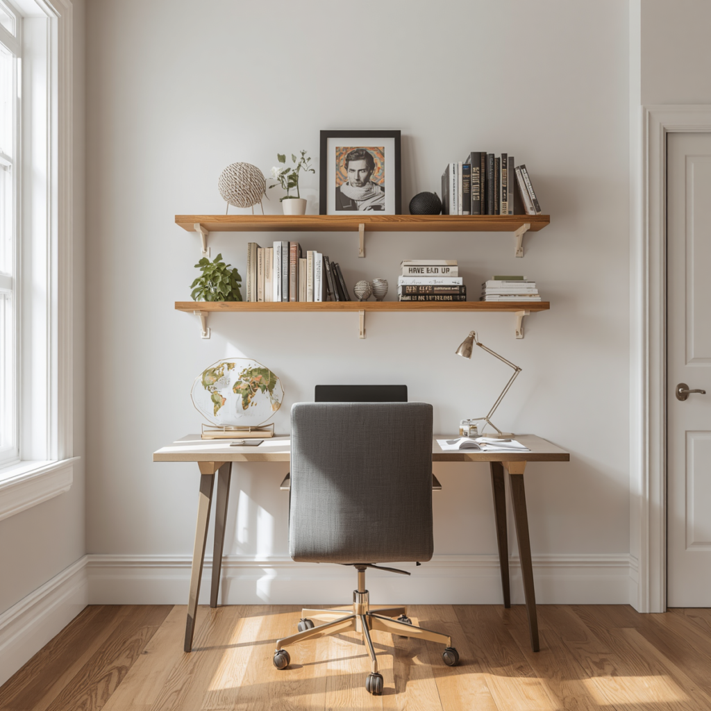 prateleiras de parede acima da mesa de trabalho um exemplo de como aproveitar espaços pequenos na escrivaninha: 10 ideias de organização e otimização