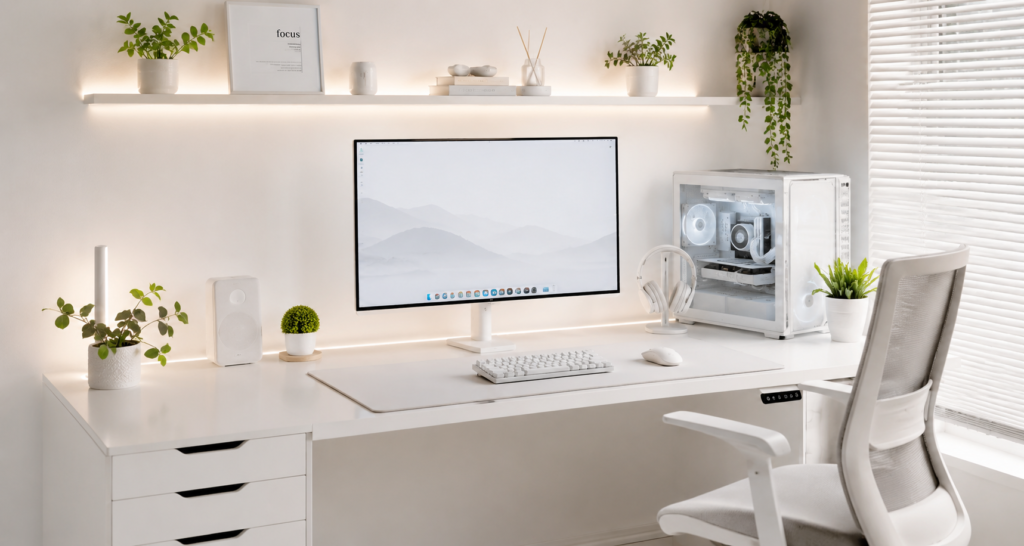 setup branco limpo minimalista.png é um exemplo de como montar seu setup branco clean: ideias para criar um espaço organizado moderno e funcional 