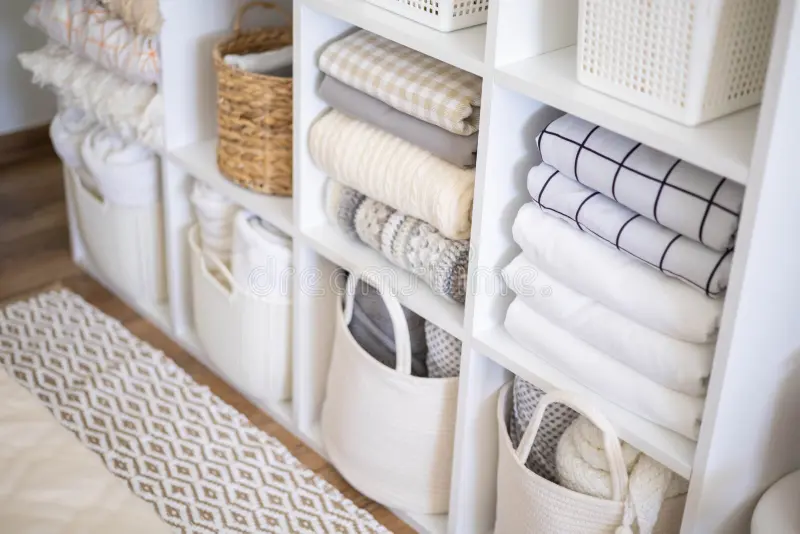 linen closet organized towels bedding neatly folded shelves home organization veja este exemplo de como organizar armário de roupa de cama e banho mantendo roupas cama dobradas cuidadosamente na organização da casa.webp