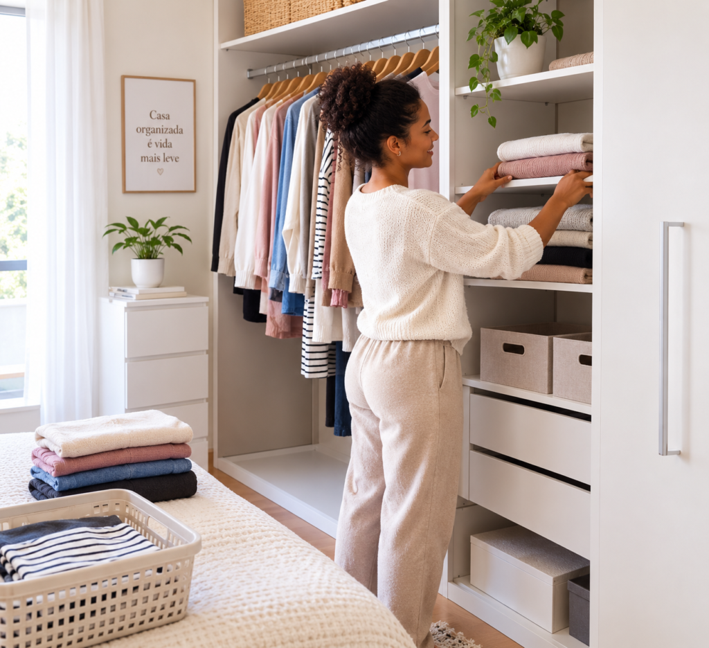 mulher organizando o guarda roupa rotina de organização da casa utilizando o método de como manter a casa organizada todos os dias: 10 hábitos simples que funcionam