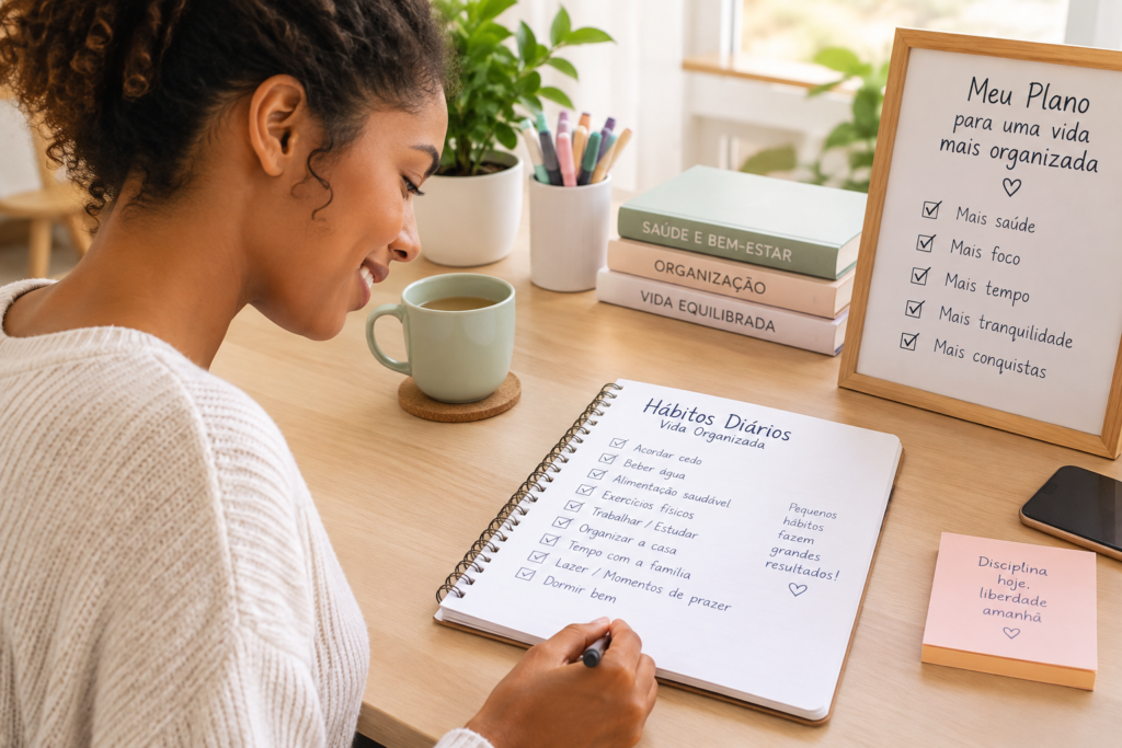 uma mulher fazendo checklist de hábitos diários planejamento para uma vida organizada é uma forma de conferir seus hábitos de organização pessoal como ter uma rotina organizada e uma vida mais leve