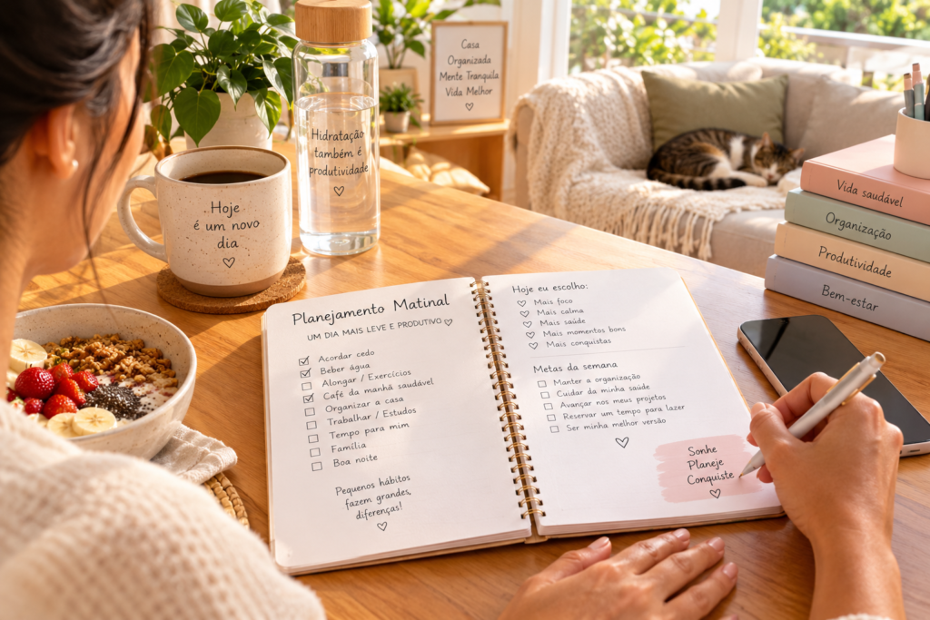 caderno de planejamento matinal estilo de vida tranquilo dia seguindo hábitos matinais saudáveis como ter uma manhã com rotina leve para o dia a dia exemplo de pessoa organizando o planejamento do dia em um caderno durante a manhã