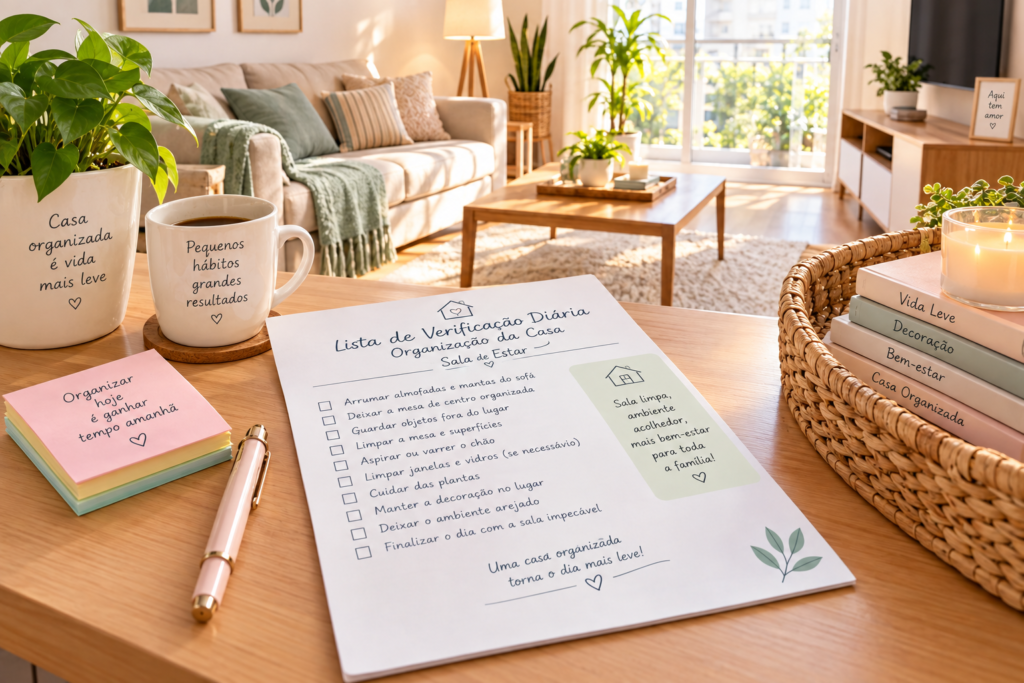 lista de verificação diária de organização da casa sala de estar organizada exemplo de quando uma pessoa elabora um checklist simples de organização doméstica como criar uma rotina simples de organização da casa: hábitos diários para manter a casa organizada