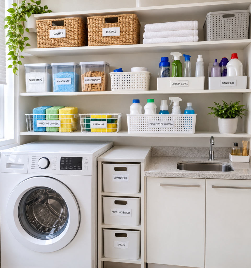 prateleiras de lavanderia organizadas e armazenamento de produtos de limpeza é um exemplo de como organizar uma lavanderia pequena e minimalista com armários e prateleiras funcionais