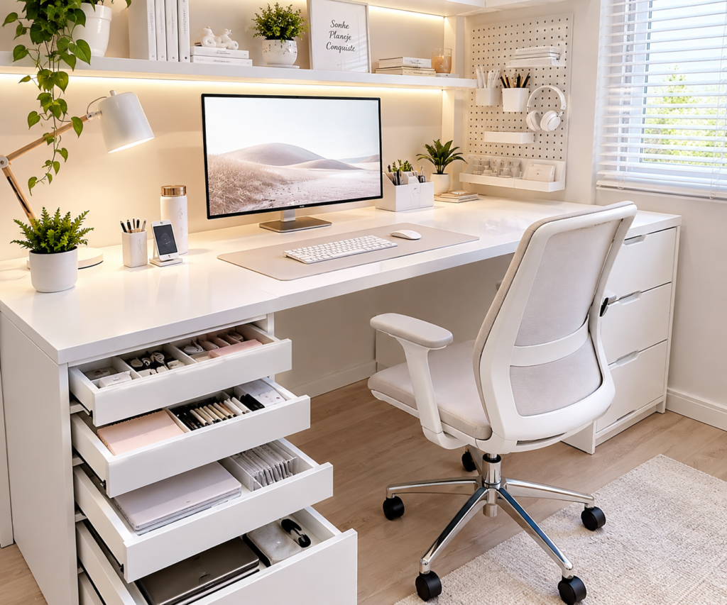 setup branco luxuoso e com gavetas exemplo organização com gavetas no setup branco clean: ideias para criar um espaço organizado moderno e funcional