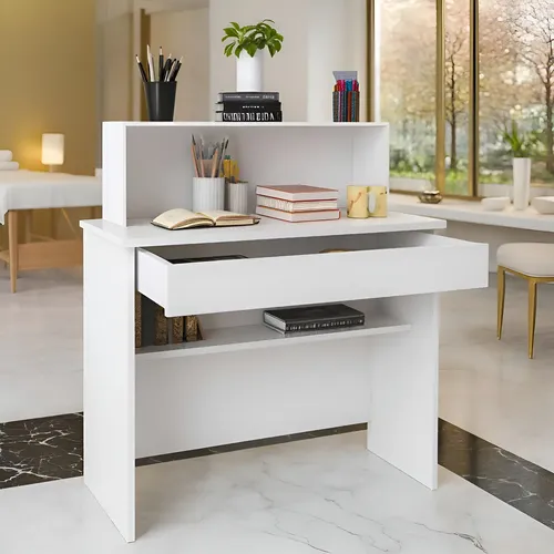 mesa de recepção compacta com gaveta e prateleira.webp  exemplo de como evitar 7 erros que deixam seu setup branco com aparência barata e sem elegância