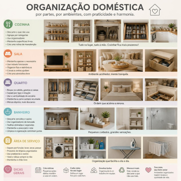 organização doméstica por partes por ambientes arrumados seguindo o método de organização por etapas como arrumar a casa sem se sobrecarregar