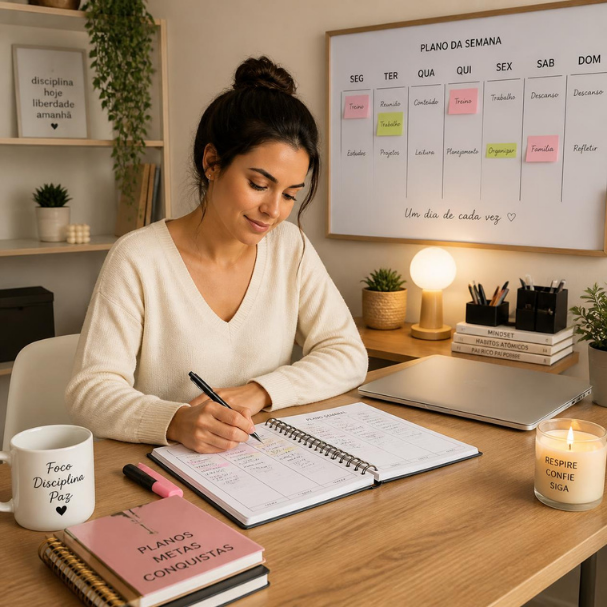 mulher tranquila planejando semana ambiente organizado seguindo nosso planejamento semanal para reduzir o estresse: como organizar a rotina melhorar a produtividade e ter mais qualidade de vida