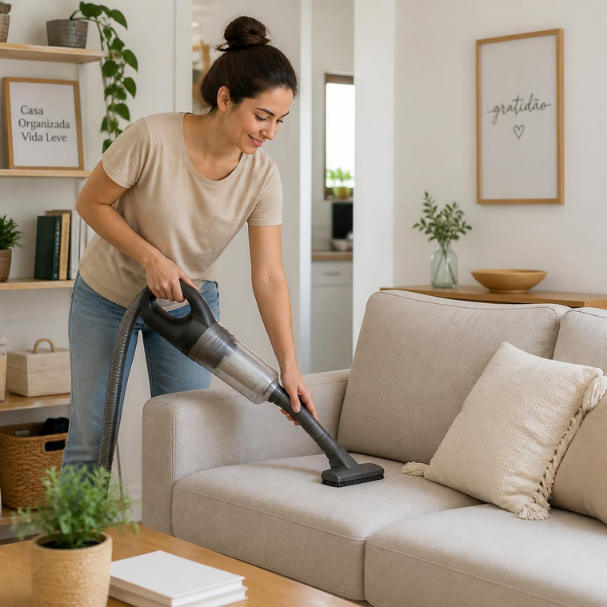 mulher em ambiente claro com aspirador no sofá organizando casa de forma simples e leve mantendo a organização por etapas: como arrumar a casa sem se sobrecarregar