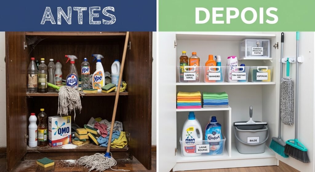 transformação na organização do armário: antes e depois da limpeza exemplo de como montar um cantinho de limpeza prático e organizado