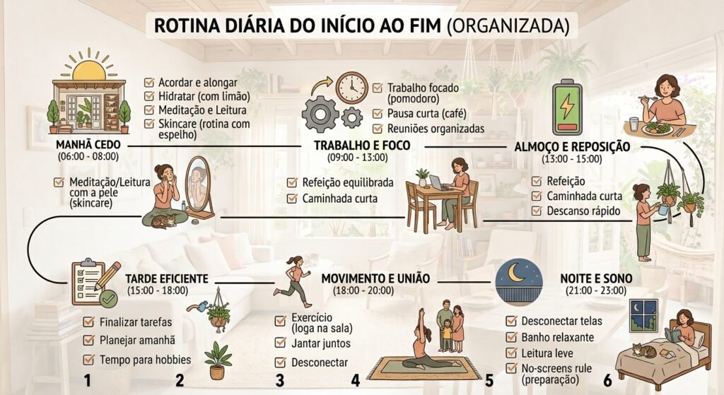 rotina diária da manhã à noite organizados aplicando os 7 hábitos que deixam a rotina mais leve: pequenas mudanças para viver melhor