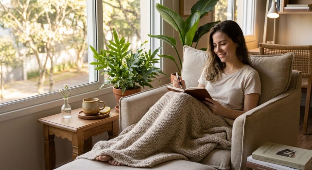 mulher relaxando em um ambiente organizado, lendo um livro ou tomando uma xícara de café em uma sala limpa e acolhedora é um ótimo estilo de como começa a semana com mais leveza e organização mental
