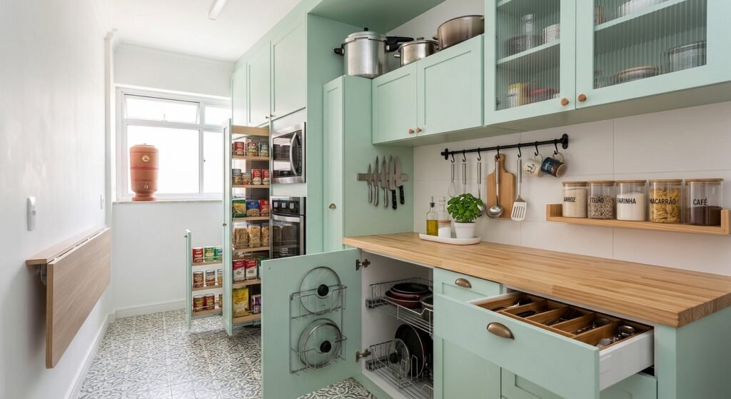 exemplo de organização da cozinha em pequeno espaço mostrando como 5 passos simples para transformar seu pequeno espaço: como organizar a cozinha gastando pouco