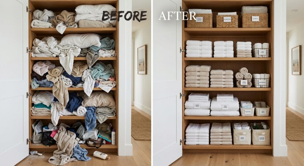antes e depois organização do armário de roupa de cama e banho um exemplo nítido após utilizar o método de como organizar seu armário de roupa de cama e banho mantendo roupas de cama dobradas cuidadosamente nas prateleiras