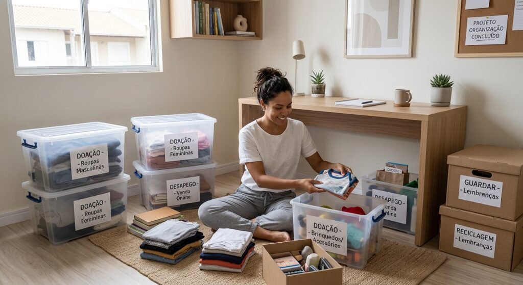 mulher separando tudo em caixas com nome de destino desapego organização casa doação roupas caixas organização minimalismo ambiente limpo exemplo de erros comuns na organização da casa: como evitar falhas e manter tudo em ordem