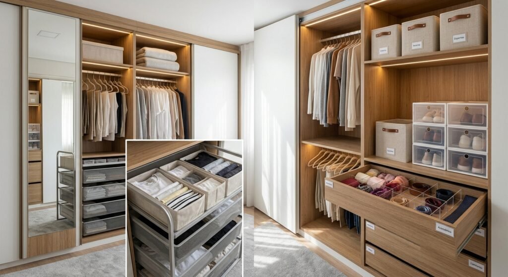 organizadores de closet divisórias de gaveta e soluções de armazenamento para guarda roupas são exemplos de como ter um quarto organizado e um guarda roupa funcional sem bagunça