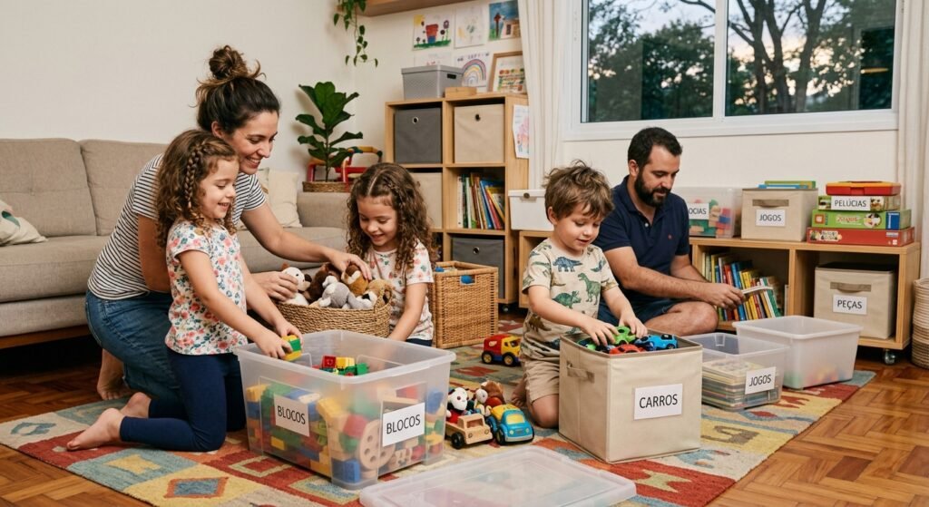 crianças organizando brinquedos em caixas organizadoras rotina doméstica em família é um exemplo de como manter a organização mesmo com crianças em casa