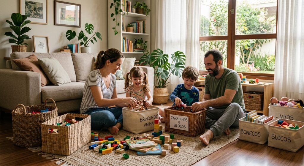 família organizando brinquedos crianças ajudando organização da casa ambiente acolhedor ensine também às crianças como manter a casa organizada com filhos e criar uma rotina leve para toda a família