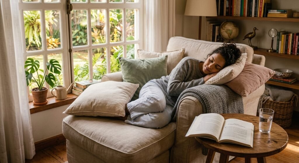 na sala iluminada com a a luz do sol moça relaxando deitada em sofá aconchegante com almofadas tons leve faz parte da rotina matinal para um dia mais organizado: 7 hábitos simples para aumentar a produtividade