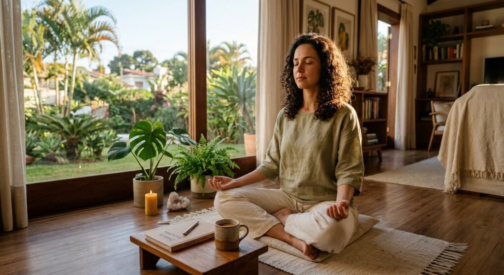 meditação matinal diário rotina tranquila estilo de vida sereno casa pessoa que utiliza sua rotina matinal para começar o dia com mais tranquilidade: hábitos simples para reduzir o estresse aumentar a produtividade e melhorar o bem-estar